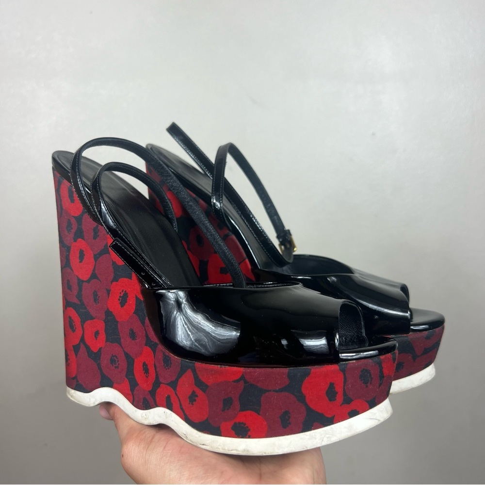 Yves Saint Laurent Black Patent Platform Wedges with Red Floral Print